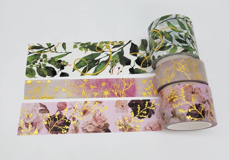 Serenity Fair Gold foil washi Tapes with Flowers, Leaves. Extra Long 10 metre / 33 feet Tape Rolls - Image 1